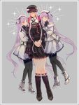  3girls absurdres bag beret black_dress black_gloves black_pantyhose blush boots cabbie_hat dress euryale_(fate) fate/grand_order fate_(series) gloves grey_background handbag hat highres medusa_(fate) medusa_(saber)_(fate) multiple_girls own_hands_together pantyhose purple_eyes purple_hair smile stheno_(fate) sweat twintails white_dress yuki510 