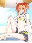  1girl ahoge bikini bikini_under_clothes bikini_under_shorts black_shorts blue_sky blush breasts commentary_request day fate/grand_order fate_(series) fujimaru_ritsuka_(female) fujimaru_ritsuka_(female)_(summer_street) green_bikini grin hair_between_eyes highres jacket looking_at_viewer navel ocean official_alternate_costume orange_hair pttyr sand shadow shirt short_hair shorts side_ponytail sitting sky sleeveless sleeveless_shirt small_breasts smile solo stomach striped striped_bikini swimsuit teeth umbrella water white_jacket white_shirt yellow_eyes 