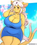  absurd_res anthro big_breasts blush breasts cleavage clothed clothing dress eeveelution espeon female generation_2_pokemon hi_res huge_breasts nintendo pokemon pokemon_(species) saasmimz solo yellow_body 