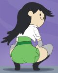 1girl ass black_hair boots bravest_warriors closed_mouth cropped_jacket elbow_pads full_body green_shorts grey_thighhighs haruyama_kazunori long_hair shorts simple_background smile solo tezuka_beth thighhighs thighs very_long_hair 