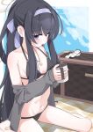  1girl arona&#039;s_sensei_doodle_(blue_archive) bare_shoulders bikini black_bikini black_hair blue_archive blue_eyes blush breasts cardigan character_doll commentary_request cup grey_cardigan hairband highres holding holding_cup jewelry long_hair looking_at_viewer navel official_alternate_costume open_cardigan open_clothes open_mouth pendant ponytail purple_hairband sensei_(blue_archive) sideways_glance sitting small_breasts solo swimsuit ui_(blue_archive) ui_(swimsuit)_(blue_archive) very_long_hair wariza yonketa 