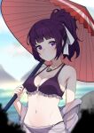  1girl absurdres bikini blurry blurry_background breasts cleavage collarbone commission hair_ribbon highres holding holding_umbrella jewelry navel necklace o-ring o-ring_bikini original ponytail purple_bikini purple_eyes purple_hair ribbon sarong see-through_sarong solo stomach swimsuit umbrella valefal_coneri vgen_commission white_hair 