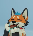  3d_(artwork) 4_toes ambiguous_gender anthro black_claws black_paws blender_(software) blue_hair blue_pawpads canid canine claws collar dessert digital_media_(artwork) doughnut feet fluffy food fox hair hi_res male mammal mango_fox pawpads paws shy simple_background solo toes white_paws 