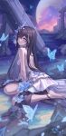  1girl absurdres bare_shoulders barefoot black_hair blue_eyes blue_flower breasts bug butterfly closed_mouth cloud commentary_request dress flower full_moon hair_between_eyes highres honkai_(series) honkai_impact_3rd long_hair looking_at_viewer looking_to_the_side moon night night_sky outdoors pillar ruins seele_vollerei signature sky small_breasts smile solo very_long_hair water white_dress yelan_xing_xuan 