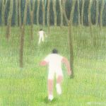  2boys abstract absurdres bare_tree faceless faceless_male fleeing from_behind full_body grass highres male_focus multiple_boys original painterly perspective running short_hair tree yuzhou_fei_gou 