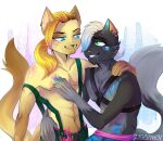  abs anthro blonde_hair bodypaint domestic_cat duo ear_piercing ear_ring embrace facial_hair felid feline felis fluffy fluffy_tail hair harness hasbro ligynkey littlest_pet_shop lps_815 lps_816 male male/male mammal navel piercing ponytail ring_piercing smile suspenders tail white_hair 