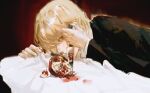  02_ihate99 1other androgynous black_suit blonde_hair food formal fruit highres holding holding_knife hunter_x_hunter knife kurapika long_sleeves looking_at_viewer pomegranate profile red_eyes short_hair solo suit upper_body 