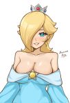  1girl artist_name bare_shoulders blonde_hair blue_dress blue_eyes breasts cleavage collarbone commentary_request crown dress earrings eyelashes hair_over_one_eye highres jewelry large_breasts long_hair looking_at_viewer mamma_mia_139 mario_(series) mixed-language_commentary off-shoulder_dress off_shoulder pink_lips rosalina russian_commentary simple_background smile solo star_(symbol) star_earrings teeth white_background 