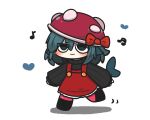  1girl :3 beamed_sixteenth_notes black_sweater blue_eyes blue_hair blush_stickers bow chibi closed_mouth commentary_request eighth_note fins fish_tail fuka-chan full_body hair_between_eyes hat hat_bow highres long_sleeves looking_at_viewer mushroom_hat musical_note original pantyhose pink_pantyhose puffy_long_sleeves puffy_sleeves red_bow red_headwear red_skirt ribbed_sweater shadow shark_tail simple_background skirt sleeves_past_wrists solo suspender_skirt suspenders sweater tail turtleneck turtleneck_sweater uni_souchou white_background 