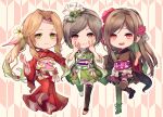  3girls aerith_gainsborough alternate_costume ankle_boots black_hair black_kimono black_thighhighs boots braid braided_ponytail brown_eyes brown_hair chibi closed_mouth commentary_request cross-laced_footwear final_fantasy final_fantasy_vii final_fantasy_vii_remake flower full_body green_eyes green_kimono grin hair_flower hair_ornament hair_ribbon japanese_clothes kimono lace-up_boots light_blush long_hair looking_at_viewer mirrorclew multiple_girls obi official_alternate_costume open_mouth parted_bangs pink_ribbon red_eyes red_flower red_kimono ribbon sandals sash short_hair short_kimono sidelocks smile swept_bangs thighhighs tifa_lockhart tifa_lockhart&#039;s_exotic_dress v wide_sleeves yuffie_kisaragi 