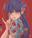  1girl blue_shirt butterfly_hair_ornament chinese_clothes closed_mouth color_guide double_bun floral_print flower from_side hair_bun hair_ornament hand_up high_collar highres kagoya1219 long_hair looking_at_viewer looking_to_the_side purple_eyes purple_hair purple_nails ranma_1/2 red_background red_flower red_tulip shampoo_(ranma_1/2) shirt short_sleeves signature solo tulip upper_body 