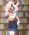  &lt;3 &lt;3_eyes anthro blue_eyes book bottomwear clothing deer emberslament hair hi_res holding_book holding_object library mammal pink_hair shorts smile 