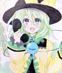  1girl black_headwear blouse blue_eyes bow buttons corded_phone diamond_button eyeball frilled_shirt_collar frilled_sleeves frills frown hat hat_bow holding holding_phone komeiji_koishi light_green_hair long_sleeves looking_at_viewer matsuppoi medium_hair open_mouth phone shikishi shirt smile solo third_eye touhou traditional_media upper_body wavy_hair wide_sleeves yellow_bow yellow_shirt 