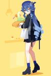  1girl backpack bag bare_legs beret black_footwear black_skirt blue_hair blue_headwear blue_socks blush boots buttons character_request closed_mouth controller drill_hair from_behind genshin_impact grabber_tool grey_jacket hair_between_eyes hair_ornament hat high_heel_boots high_heels highres jacket joystick kneepits layla_(genshin_impact) long_sleeves looking_at_viewer looking_back miniskirt orange_eyes pleated_skirt pointy_ears shadow shopping_bag sidelocks skirt smile socks solo twin_drills utori_(tanakautori) x_hair_ornament yellow_background 