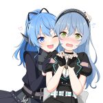  2girls :d @_@ asahi_rokka bang_dream! belt belt_buckle black_choker black_gloves black_hairband black_jacket blue_eyes blue_hair blush buckle chain cheek-to-cheek choker ear_ornament felutiahime fingerless_gloves gloves green_eyes grey_skirt hair_ribbon hairband hand_on_another&#039;s_shoulder headpat heads_together high_ponytail highres hololive hoshimachi_suisei jacket lapel_pin lapels long_hair long_sleeves multiple_girls notched_lapels puffy_short_sleeves puffy_sleeves ribbon short_sleeves sidelocks skirt smile star_(symbol) star_in_eye sweatdrop symbol_in_eye virtual_youtuber white_background wing_hair_ornament 