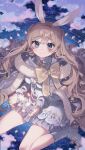  1girl absurdres animal_ears blonde_hair blue_eyes boots bow bowtie capelet cloud dress fur-trimmed_capelet fur_trim grey_capelet grey_dress highres long_hair looking_at_viewer nijisanji nijisanji_kr rabbit_ears sakura_yuki_(clochette) sitting smile so_nagi solo very_long_hair virtual_youtuber wariza white_footwear yellow_bow yellow_bowtie 