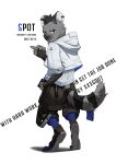  2022 5_fingers anthro arknights black_hair clothed clothing ear_piercing english_text eyebrow_piercing facial_piercing fingers fur grey_body grey_fur hair hi_res hyena hypergryph looking_at_viewer looking_back male mammal piercing simple_background solo spot_(arknights) spotted_hyena studio_montagne tail text xxxiangout 