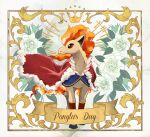  absurdres animal_focus border brown_eyes cape character_name closed_mouth crown fiery_hair flower fur-trimmed_cape fur_trim highres hooves horse mi_ho_chi no_humans nostrils pokemon ponyta red_cape rose solo white_background white_flower white_rose 