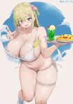  1girl :d aymusk bikini blonde_hair blue_eyes blue_sky blush breasts cleavage cloud collarbone commentary_request fang food freckles highres holding holding_tray ice_cream ice_cream_float large_breasts looking_at_viewer mole mole_on_breast name_tag navel omelet omurice original plump side-tie_bikini_bottom sky smile solo stomach swimsuit tray white_bikini white_footwear 