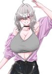  1girl absurdres ahoge arm_up armpits blush breasts eyes_visible_through_hair frim_02 grey_hair hair_ornament hair_over_one_eye highres jacket large_breasts long_hair looking_at_viewer mole mole_under_eye navel nijisanji one_eye_closed open_clothes open_jacket open_mouth purple_eyes smile solo sukoya_kana tank_top twintails virtual_youtuber x_hair_ornament 