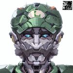  artist_logo blue_eyes commentary english_commentary facial_hair highres looking_at_viewer luigi mar10 mario_(series) mecha mechanization mustache no_humans portrait robot science_fiction solo straight-on white_background 