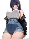  1girl absurdres black_hair black_jacket blue_eyes blue_hair blue_shorts bluefield blunt_bangs breasts closed_mouth colored_inner_hair denim denim_shorts hair_intakes high-waist_shorts highres hololive hololive_english jacket large_breasts multicolored_hair off_shoulder ouro_kronii shirt shirt_tucked_in short_shorts shorts simple_background sleeveless sleeveless_shirt smile solo turtleneck two-tone_hair virtual_youtuber white_background white_shirt 