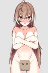  1girl ahoge breasts brown_hair embarrassed friend_(nanashi_mumei) highres hololive hololive_english long_hair medium_breasts midriff nanashi_mumei nude panpanmc4 virtual_youtuber 