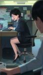  1boy 1girl black_hair blurry blurry_foreground business_suit chainsaw_man chair coat fatzhai hair_ornament hairclip higashiyama_kobeni high_heels highres id_card keyboard_(computer) lanyard looking_at_another looking_at_object looking_to_the_side office office_chair office_lady open_mouth overcoat pencil_skirt short_hair short_ponytail single_sidelock skirt skirt_suit solo_focus suit sweat swivel_chair 