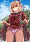  1girl absurdres artist_name ass_visible_through_thighs blonde_hair blue_ribbon blue_sky bob_cut cloud cloudy_sky collared_shirt commentary cowboy_shot crotch_seam day dress floral_print frown glaring grey_dress hair_ribbon highres lifted_by_self looking_at_viewer lycoris_recoil lycoris_uniform neck_ribbon nishikigi_chisato open_mouth outdoors panties pink_panties pleated_dress print_panties red_eyes red_ribbon ribbon shirt short_dress short_hair short_sleeves signature sky solo standing twitter_username two-tone_dress underwear yomo 