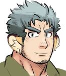  1boy animal_ears bad_id bad_twitter_id bara blue_hair boarsunrise collared_shirt goatee_stubble jaguar_ears light_smile looking_at_viewer male_focus mature_male portrait shirt short_hair sideburns sideburns_stubble sketch smile solo thick_eyebrows tokyo_afterschool_summoners v-shaped_eyebrows water_wrestler_(housamo) 