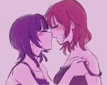  2girls alternate_hairstyle asaka_karin bare_shoulders black_shirt blue_hair blunt_bangs blush brown_hair closed_eyes collarbone commentary_request dark_blue_hair ear_blush emma_verde freckles hair_between_eyes incoming_kiss love_live! love_live!_nijigasaki_high_school_idol_club medium_hair multiple_girls parted_lips shirt simple_background sketch solllolll sweat undressing_another yuri 