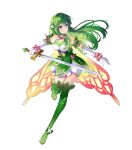  1girl alternate_costume bare_shoulders boots cape dress elbow_gloves fire_emblem fire_emblem:_mystery_of_the_emblem fire_emblem_heroes flower full_body gloves gradient_clothes green_eyes green_hair hair_flower hair_ornament highres long_hair non-web_source official_art palla_(fire_emblem) saine short_dress sleeveless solo thigh_boots transparent_background 