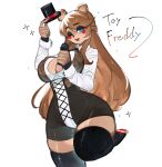  anthro bear blue_eyes breasts brown_hair clothed clothing female five_nights_at_freddy&#039;s five_nights_at_freddy&#039;s_2 hair hat headgear headwear hi_res holding_microphone holding_object looking_at_viewer mammal microphone one_eye_closed open_mouth pawpads scottgames simple_background solo togetoge toy_freddy_(fnaf) 