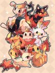  animal_focus artist_name beak bird black_skin blue_eyes cat charmander chimchar closed_eyes colored_skin commentary_request crocodilian cyndaquil fennekin fire fox fuecoco hanabusaoekaki highres litten looking_at_viewer monkey no_humans open_mouth orange_background orange_fur orange_skin patterned_background pig pokemon pokemon_(creature) rabbit red_skin scorbunny snout solid_oval_eyes sparkle tail teeth tepig torchic 