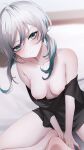  1girl bare_shoulders barefoot black_shirt blue_eyes blue_hair blurry blurry_background breasts butterfly_sitting closed_mouth collarbone depth_of_field grey_hair highres looking_at_viewer low_twintails medium_breasts migihidari_(puwako) multicolored_hair naked_shirt nipples no_bra off_shoulder original shirt sitting solo streaked_hair twintails two-tone_hair v-shaped_eyebrows 