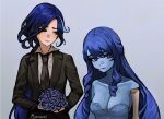  2girls alternate_hair_color alternate_skin_color black_jacket black_necktie blue_dress blue_eyes blue_hair blue_skin bone breasts bunnyoki cleavage clorinde_(genshin_impact) colored_skin commentary corpse_bride cosplay dress emily_(corpse_bride) emily_(corpse_bride)_(cosplay) genshin_impact grey_background highres jacket long_hair looking_at_another looking_at_viewer multiple_girls navia_(genshin_impact) necktie purple_lips simple_background strapless strapless_dress suit upper_body very_long_hair victor_van_dort victor_van_dort_(cosplay) 