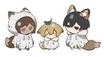  animal_ears black_eyes black_hair blonde_hair brown_eyes brown_hair chibi coat drawstring e.g.o_(project_moon) fox_ears fox_tail hood hood_down hooded_coat leaf leaf_on_head limbus_company outis_(limbus_company) project_moon simple_background sinclair_(limbus_company) south_ac tail white_background white_coat yellow_eyes yi-sang_(limbus_company) 