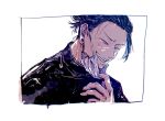  1boy black_hair black_jacket closed_eyes ear_piercing getou_suguru grin hand_up highres jacket jujutsu_kaisen male_focus mask mask_pull mouth_mask neuchimonai piercing short_hair simple_background smile solo teeth upper_body v-shaped_eyebrows white_background 