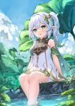  1girl blue_sky breasts chahei cloud commentary_request cross-shaped_pupils day dress genshin_impact green_eyes green_hair grey_hair hair_ornament highres looking_at_viewer multicolored_hair nahida_(genshin_impact) outdoors parted_lips pointy_ears short_shorts shorts shorts_under_dress side_ponytail sitting sky sleeveless sleeveless_dress small_breasts smile soaking_feet solo streaked_hair symbol-shaped_pupils water white_dress white_shorts 