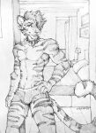  2023 akatan_art anthro boxers_(clothing) bulge clothed clothing collar dated fangs felid front_view grin hair hi_res looking_at_viewer male mammal markings monochrome navel painting_(object) pantherine sharp_teeth short_hair signature smile solo spiked_collar spikes standing striped_arms striped_legs striped_markings striped_tail stripes tail tail_markings teeth tiger topless traditional_media_(artwork) underwear whiskers 
