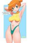  1girl :d adapted_costume armpits arms_behind_head artist_name bikini blue_background blush border breasts collarbone commentary cowboy_shot english_text eyelashes green_bikini green_eyes jdpr misty_(pokemon) navel open_mouth orange_hair outside_border pokemon pokemon_(anime) pokemon_(classic_anime) presenting_armpit shiny_skin side_ponytail smile solo speech_bubble swimsuit underboob white_border 