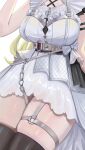  1girl absurdres blonde_hair breasts dalcom dress highres hololive large_breasts long_hair official_alternate_costume solo thighs tsunomaki_watame tsunomaki_watame_(watame_night_fever!!) virtual_youtuber white_background white_dress 