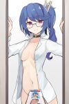  1girl absurdres blue_hair breasts collarbone collared_shirt gamryous girls&#039;_frontline glasses highres id_card k11_(girls&#039;_frontline) leather_choker long_hair long_sleeves medium_breasts messy_hair navel no_bra no_panties pov purple_eyes shirt side_ponytail sidelocks smile stomach white_shirt 