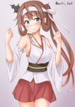  1girl anti_(untea9) asagumo_(kancolle) bare_shoulders blush breasts brown_hair cosplay cowboy_shot detached_sleeves fusou_(kancolle) fusou_(kancolle)_(cosplay) gradient_background green_eyes hair_ornament highres japanese_clothes kantai_collection long_hair looking_at_viewer medium_breasts nontraditional_miko obi pink_background pleated_skirt ribbon sash side_ponytail skirt smile solo 