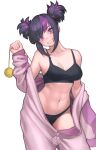  1girl abs absurdres black_bra black_hair black_panties bra breasts cleavage cosplay han_juri head_tilt highres kigurumi lentiyay multicolored_hair navel off_shoulder official_alternate_costume official_alternate_hairstyle panties purple_eyes purple_hair smile solo stomach streaked_hair street_fighter street_fighter_6 toned twintails underwear unzipped zipper_pull_tab 