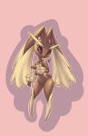  1girl :3 animal_ears animal_nose arm_at_side artist_name black_sclera body_fur brown_fur closed_mouth collarbone colored_sclera echoseed flat_chest full_body furry furry_female groin hand_up happy highres legs looking_to_the_side lopunny outline pink_background pink_outline pointy_ears pokemon pokemon_(creature) rabbit_ears rabbit_girl rabbit_tail red_eyes signature smile solo standing tail thighs two-tone_fur wide_hips yellow_fur 
