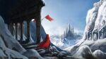  9ji arch blood blood_on_weapon blue_sky castle cloak commentary_request fantasy flag from_behind full_moon highres moon mountain original outdoors scenery sky snow solo standing weapon wide_shot 