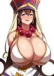  1girl :d alternate_breast_size arms_behind_back beads bikini blush breasts breasts_out brown_hair fate/grand_order fate_(series) hat highres huge_breasts imuzi large_breasts long_hair looking_at_viewer naughty_face open_mouth prayer_beads red_eyes smile solo sweat swimsuit upper_body white_background white_bikini xuangzang_sanzang_(fate) 