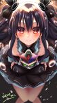  1girl absurdres bare_shoulders black_dress black_hair blush breasts dress hair_ornament happy highres jacket long_hair long_sleeves looking_at_viewer misaki_(nounaikakusan) neptune_(series) red_eyes sidelocks skirt small_breasts smile solo two_side_up uni_(neptune_series) 