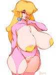  1girl artist_name belly blonde_hair blue_eyes breasts doxy earrings hair_over_one_eye huge_breasts jewelry long_hair looking_at_viewer mario_(series) pink_thighhighs princess_peach pussy sidelocks simple_background solo standing thick_lips thighhighs white_background 